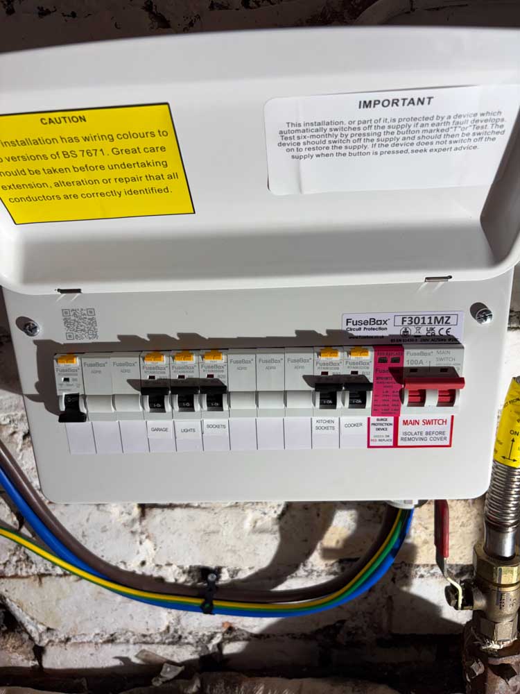 Domestic consumer unit with circuit breakers used to check for tripped electrical circuits